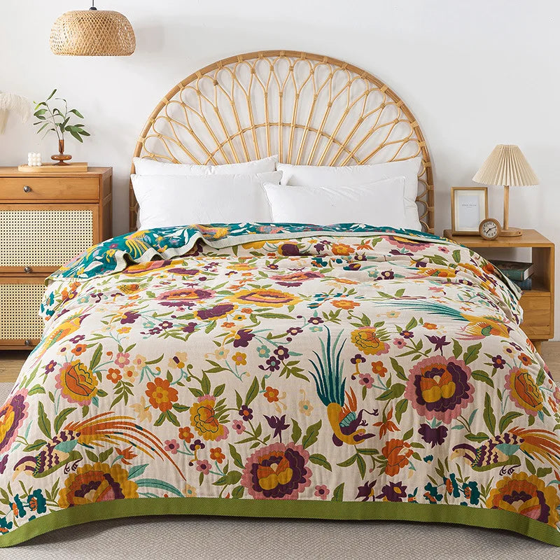 Wild Garden Boho Baumwoll-Decke/Überwurf – Creme/Senf