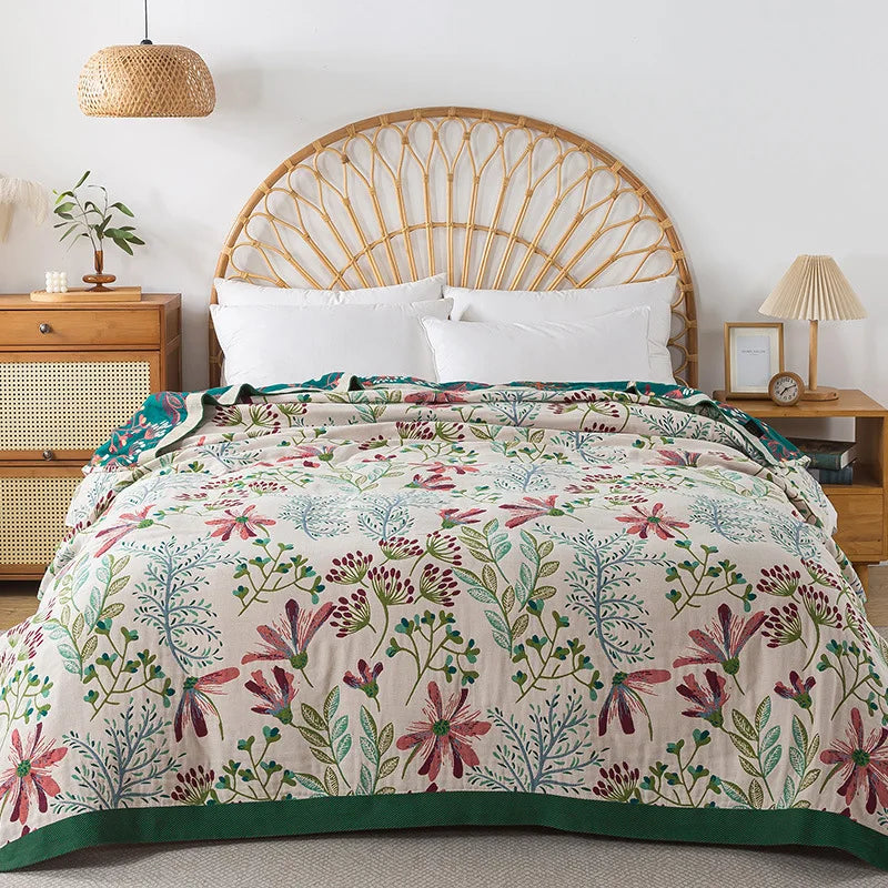 Wild Garden Boho Baumwolldecke/-überwurf - Creme/Smaragdgrün