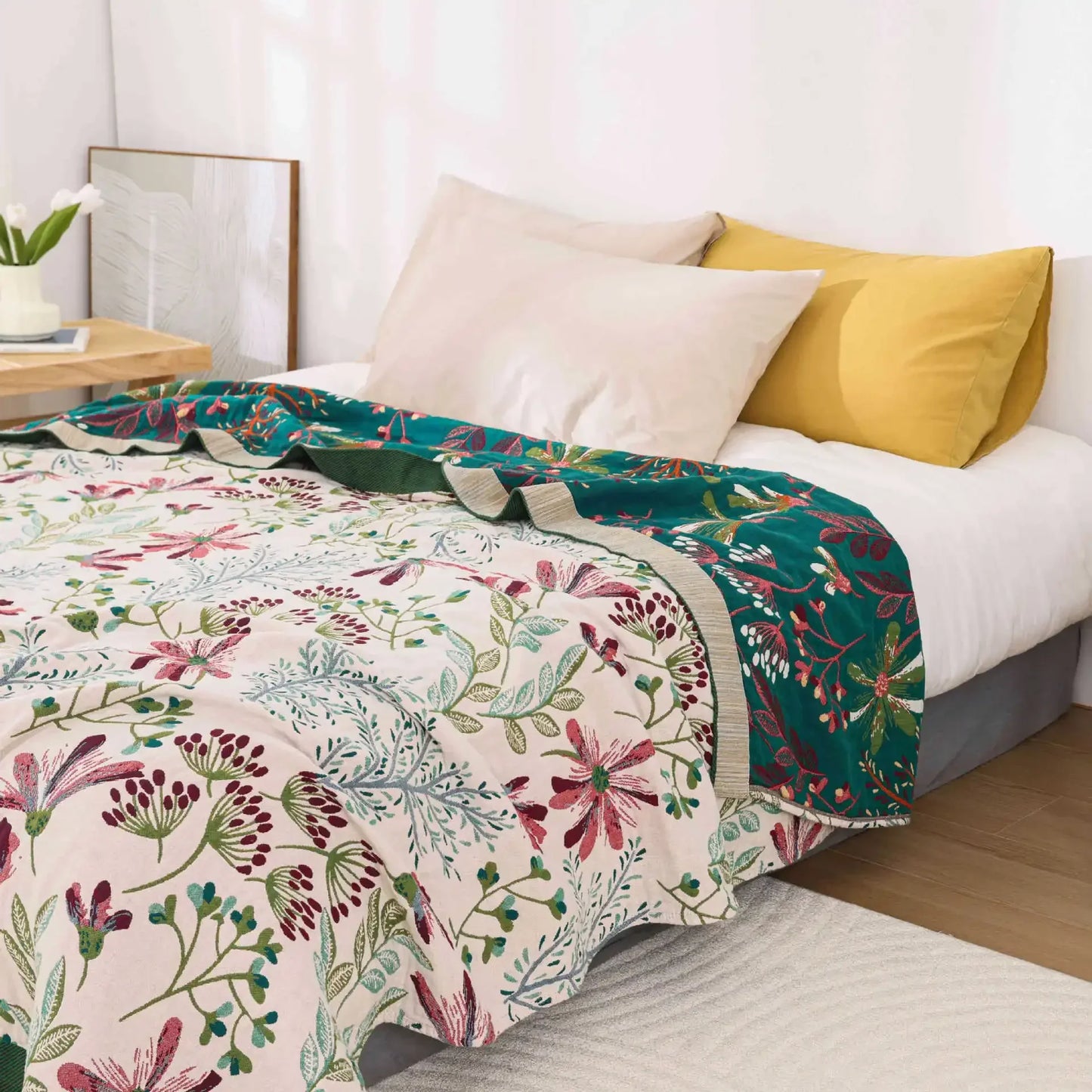 Wild Garden Boho Baumwolldecke/-überwurf - Creme/Smaragdgrün