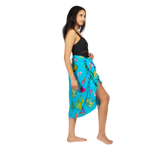 Flamingo & Fruit Print Sarong - Blue