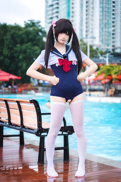 Japanese Anime Sailor Style Two-Piece Uniform Swimsuit Set with Bandage Design