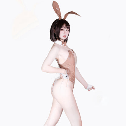 Bunny Girl PU Leather See Through Cosplay Bodysuit Costume Lingerie