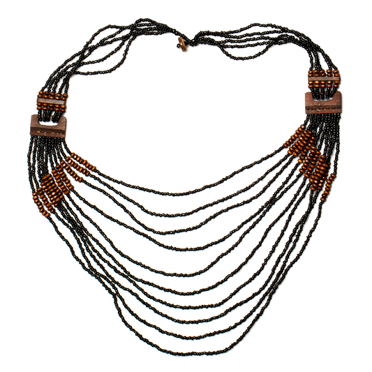 Long Multi Strand Necklace With Wood Detail