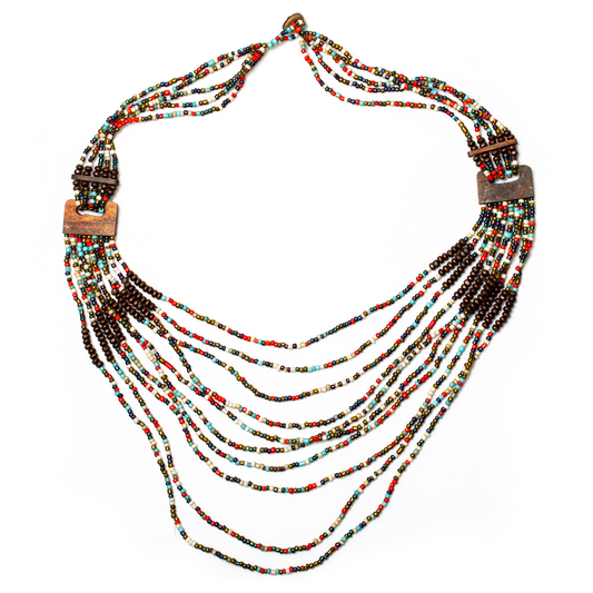 Long Multi Strand Necklace With Wood Detail