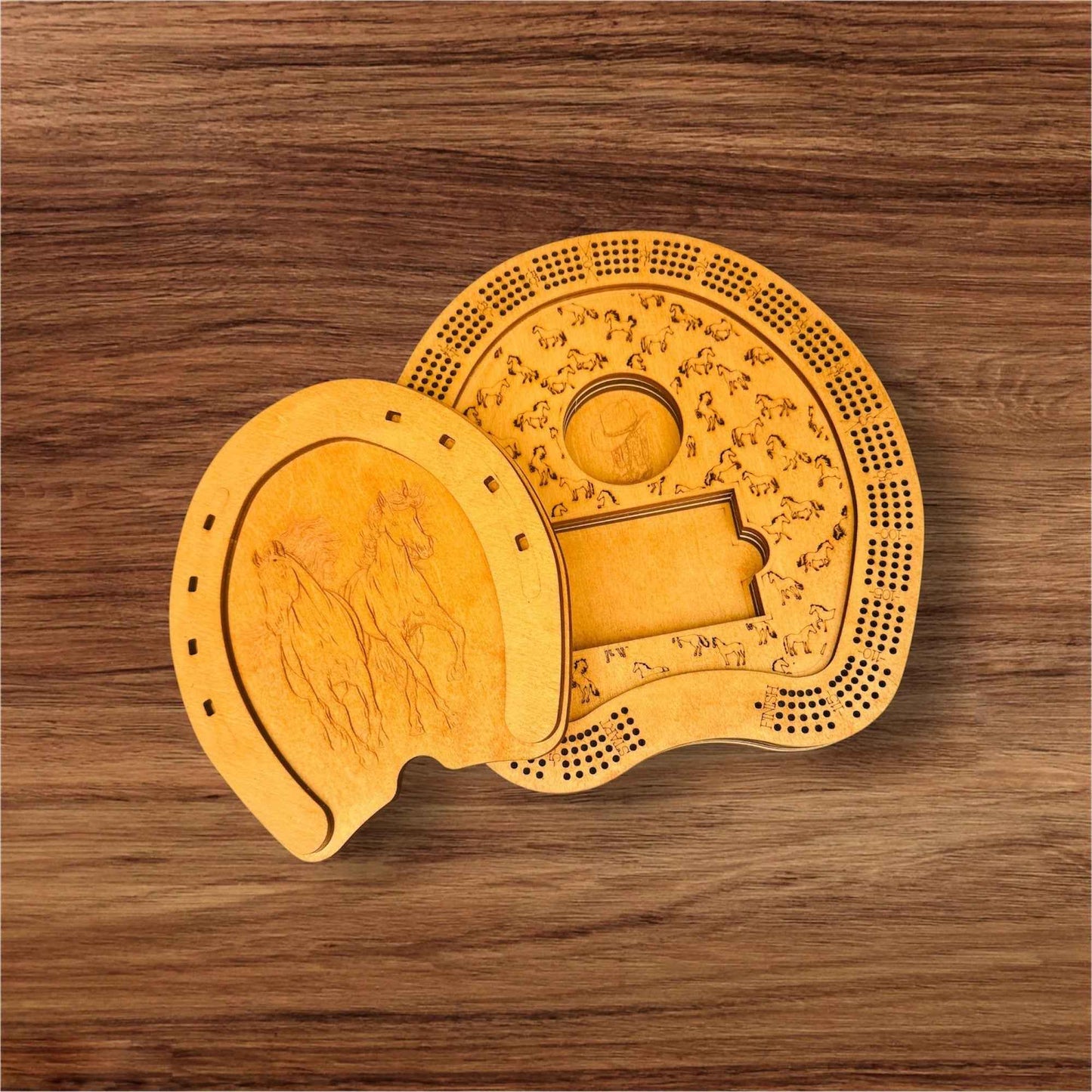 Horseshoe Cribbage Board – Handmade Wooden Horse Design with Peg Storage