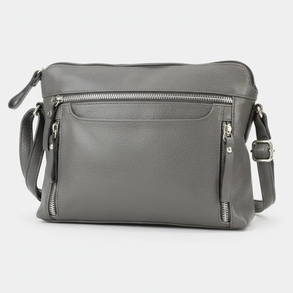 Leather Crossbody Slim Bag with Zippered Pockets & Adjustable Strap