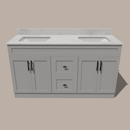 60-Inch Double Sink Shaker Bathroom Vanity — White or Gray | Plywood Cabinet, Solid-Wood Doors, Soft-Close 3-Way Clip-On Hinges | Center Drawers