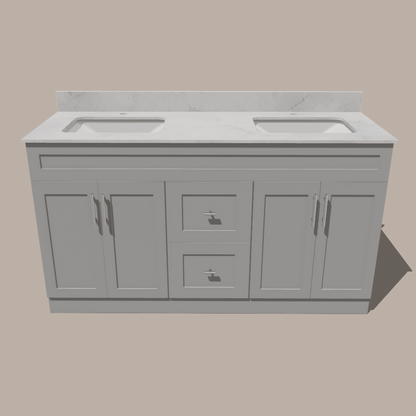 60-Inch Double Sink Shaker Bathroom Vanity — White or Gray | Plywood Cabinet, Solid-Wood Doors, Soft-Close 3-Way Clip-On Hinges | Center Drawers