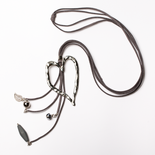 Long Open Heart Pendant On Suede With Charms