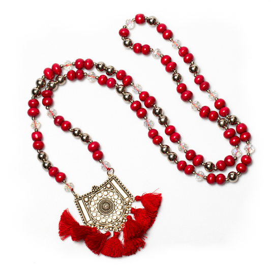 Wooden Bead Necklace With Pendant & Tassles