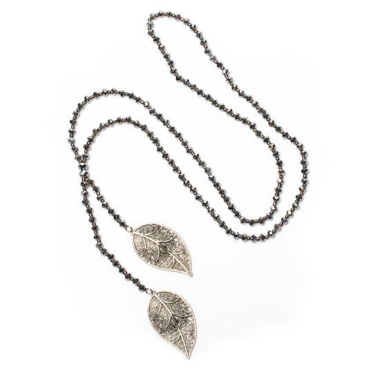 Long Double Leaf Crystal Necklace