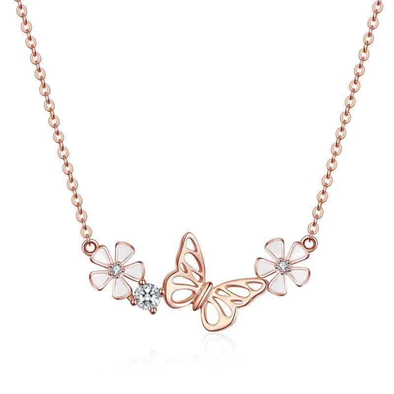 Delicate Beauty: Korean Style 925 Sterling Silver Butterfly and Flower Choker Necklace