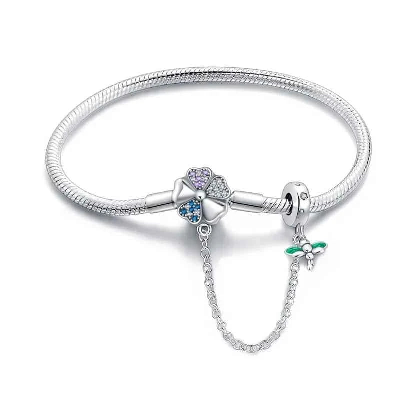 Sterling Silver Clover & Dragonfly Charm Bracelet with Safety Chain