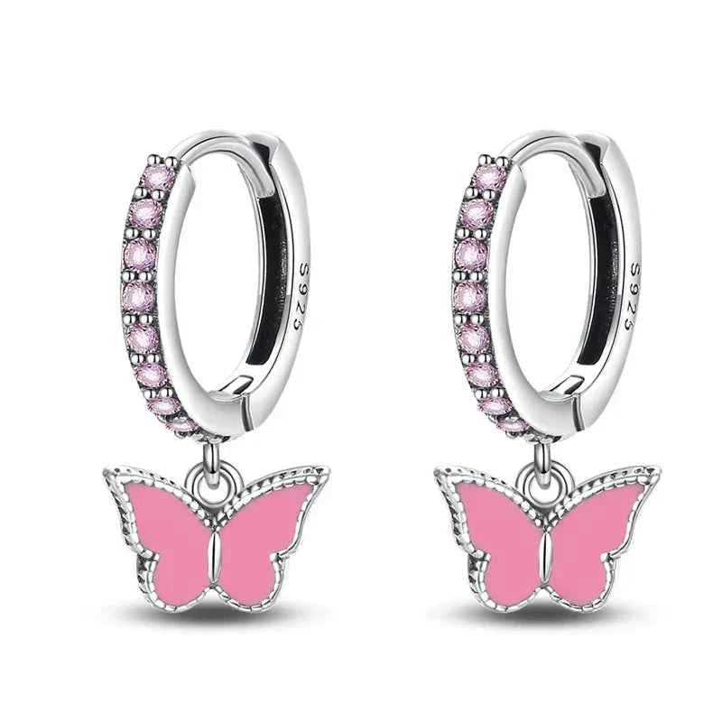 Charming Pink Butterfly Sterling Silver Hoop Earrings With Cubic Zirconia