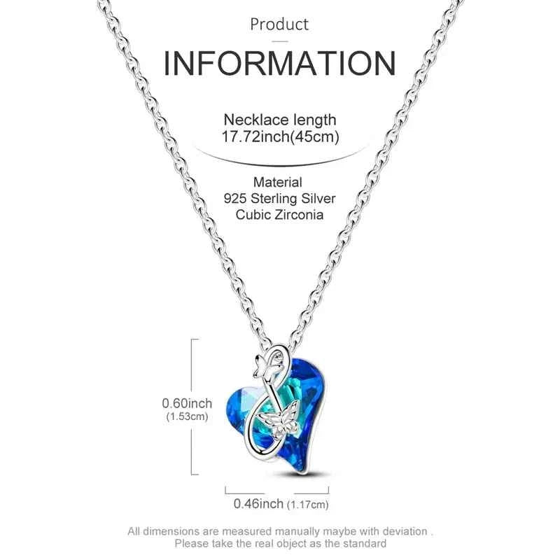 925 Sterling Silver Blue Crystal Heart Butterfly Necklace | CZ Pendant Chain