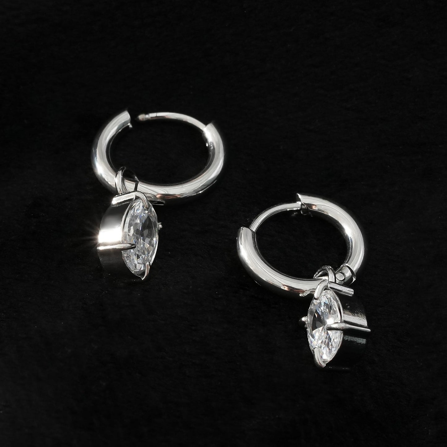 SEDONA Silver (White Gold): Mini Hoop Earrings Anchoring an Encased Zirconia (CZ) Charm