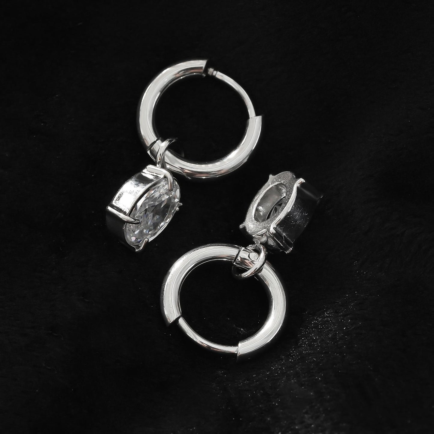 SEDONA Silver (White Gold): Mini Hoop Earrings Anchoring an Encased Zirconia (CZ) Charm