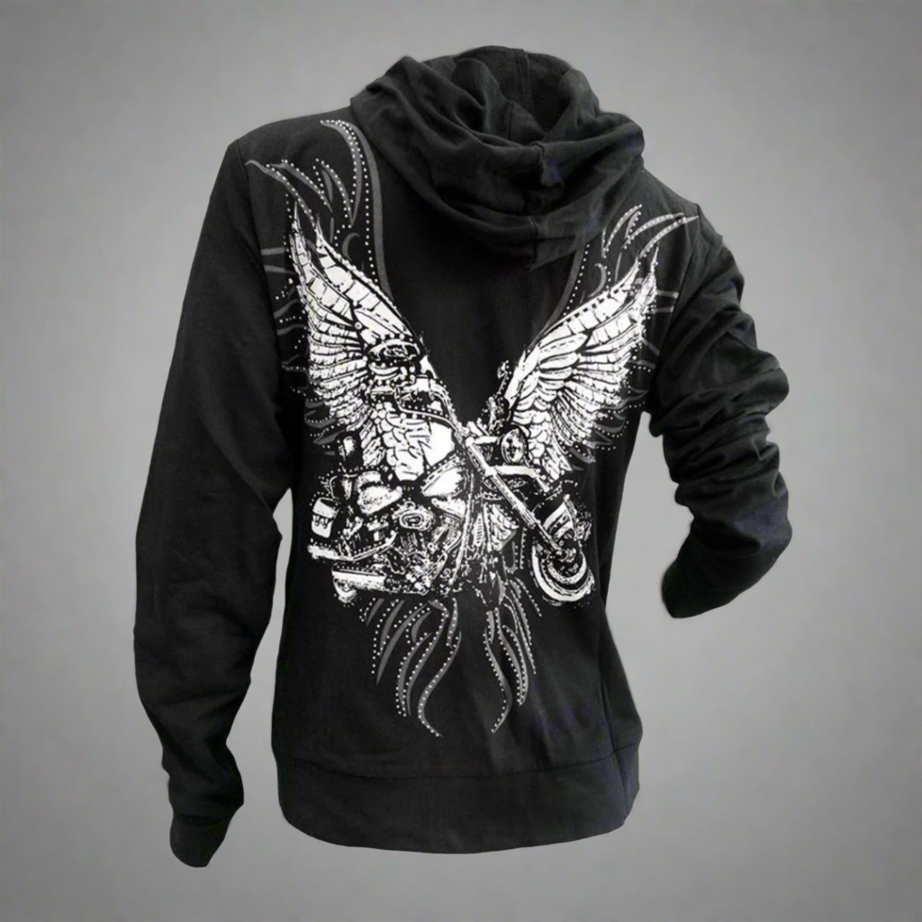 Women's Rhinestone Motorcycle Wing Hoodie