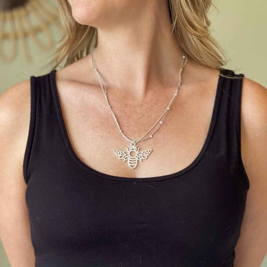 Double Stranded Necklace With Bee Pendant in Silver Plate