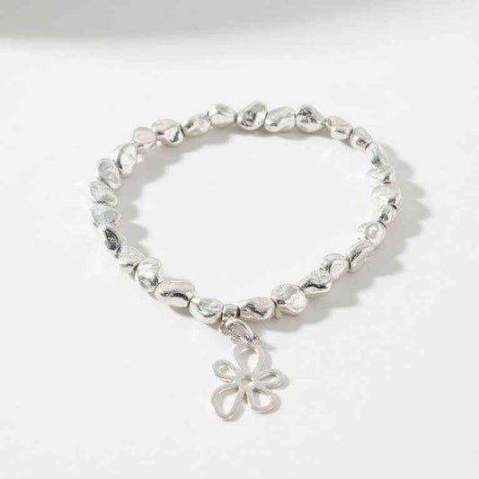 Flower Charm Nugget Bracelet in Silver Plate