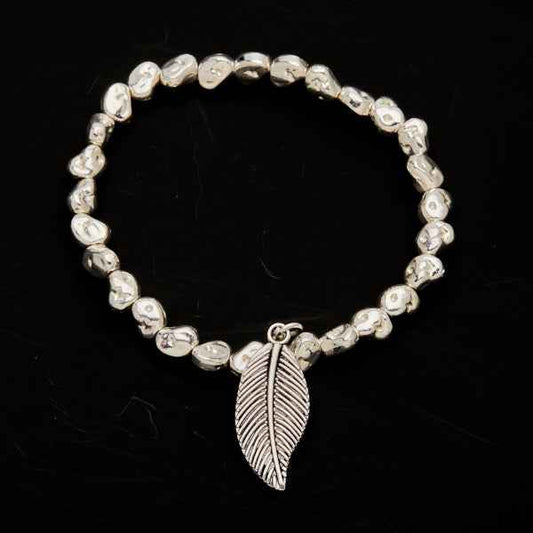 Leaf Charm Nugget Bracelet in Silver Plate