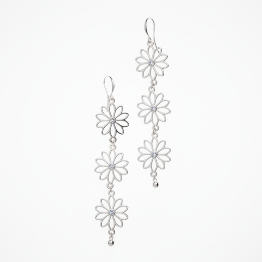 Triple Flower Drop Earrings In Silver Plate