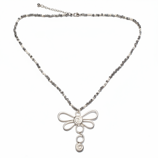Dragonfly Necklace On Cube. Chain In Silver Plate