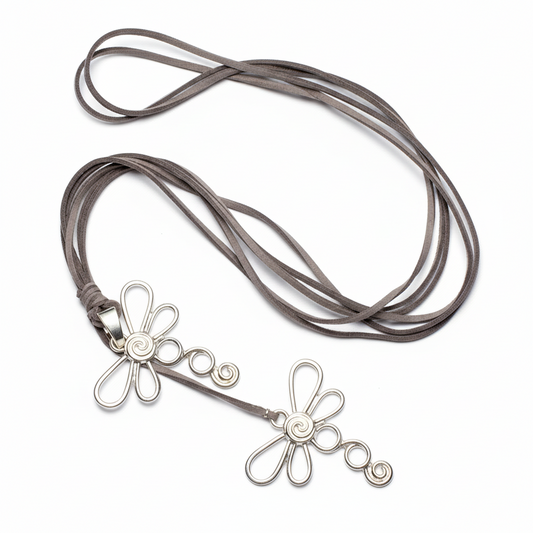 Double Dragonfly Necklace On Suede In Silver Plate