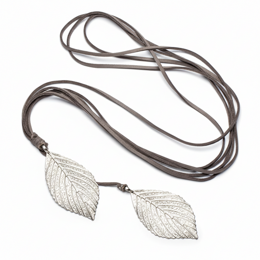 Double Leaf Necklace On Suede In Silver Plate