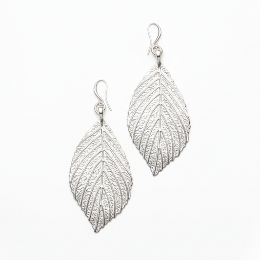 Large Leaf Earrings In Silver Plate