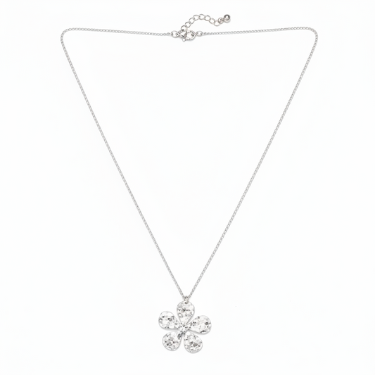Hammered Flower Pendant On Chain - Silver Plate (SP105)