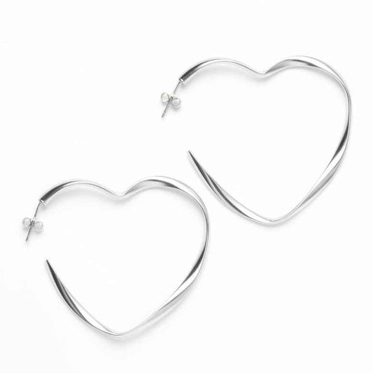 Large Heart Hoop Earrings - Silver Plate