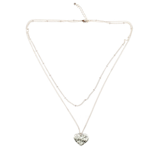 Double Strand Heart Necklace - Silver Plate