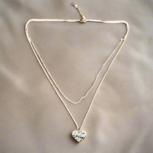 Double Strand Heart Necklace - Silver Plate
