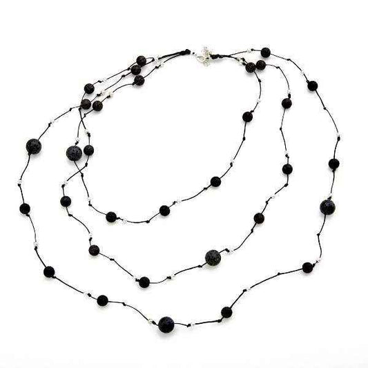 Triple Strand Lava Stone Necklace in Silver Plate