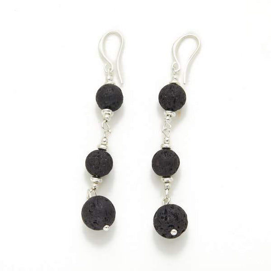 Lava Stone & Silver Plate Triple Ball Earring