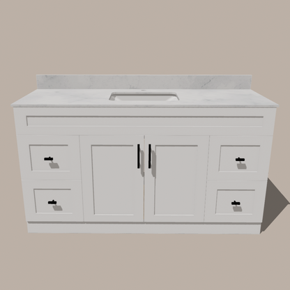 60-Inch Single Sink Shaker Bathroom Vanity — White or Gray | Plywood Cabinet, Solid-Wood Doors, Soft-Close 3-Way Clip-On Hinges | 4 Drawers, Center Double Doors