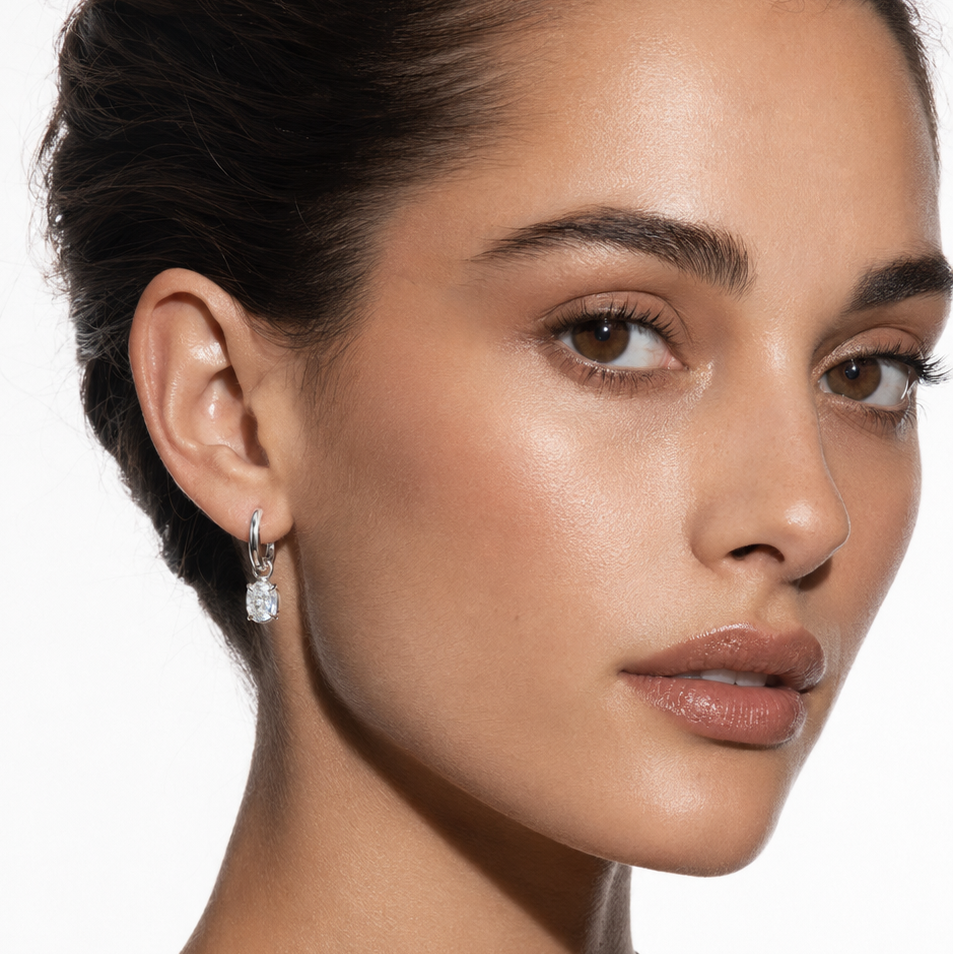 SEDONA Silver (White Gold): Mini Hoop Earrings Anchoring an Encased Zirconia (CZ) Charm