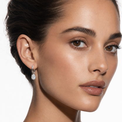 SEDONA Silver (White Gold): Mini Hoop Earrings Anchoring an Encased Zirconia (CZ) Charm