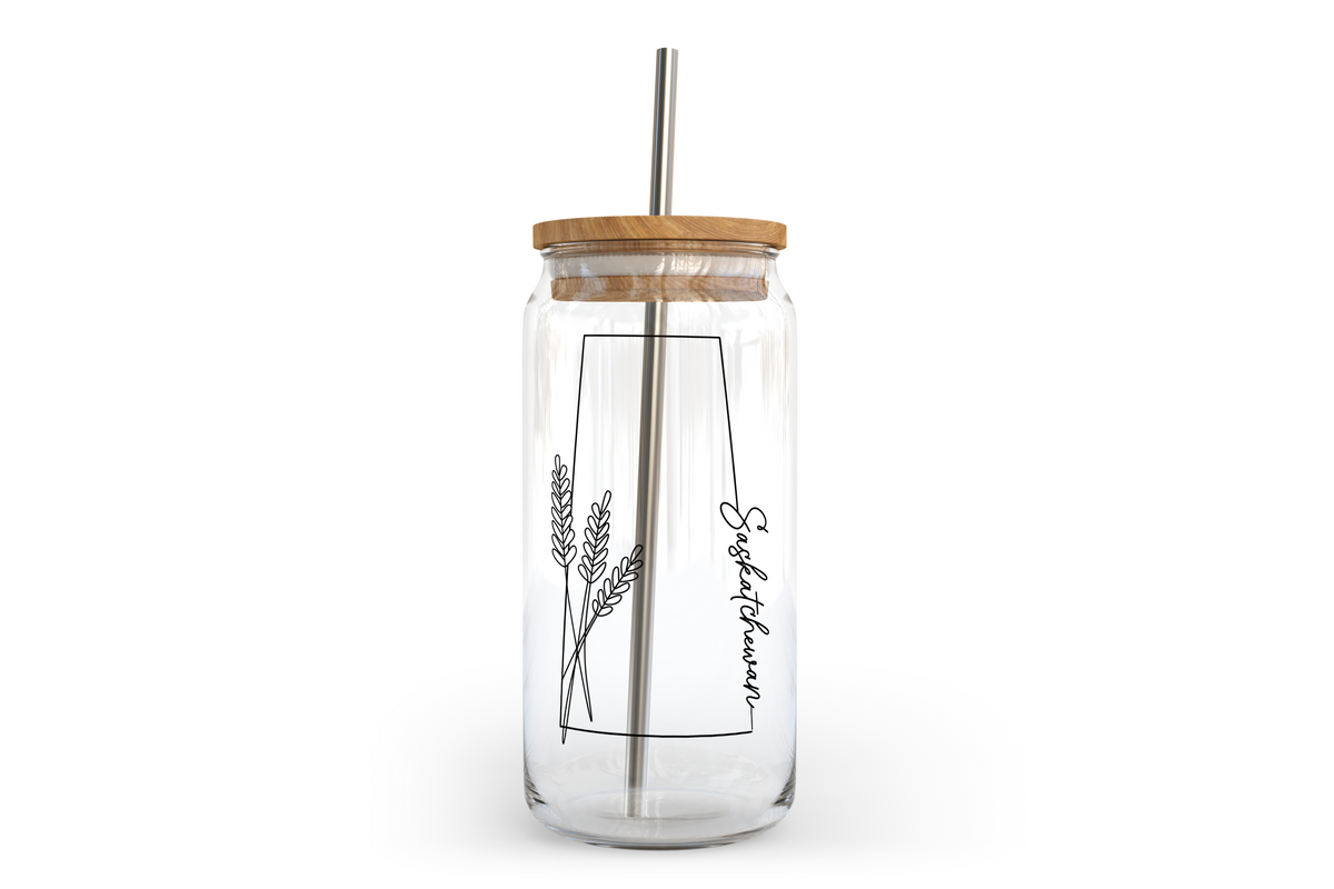 Saskatchewan Line Art Glass Can with Bamboo Lid