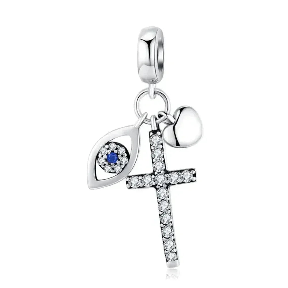 925 Sterling Silver Clear 5A Crystal Collection Family Heart X-Shape Charm Beads for Charm Bracelet & Necklace Pendant