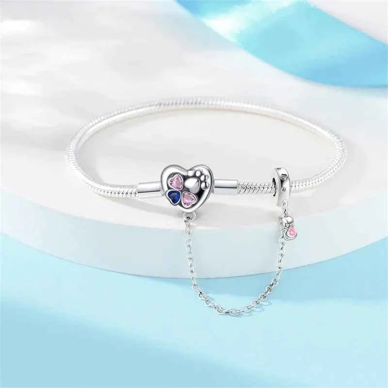 Sterling Silver Heart Paw Print Charm Bracelet with Safety Chain