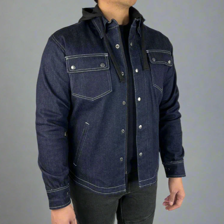 Men’s Armored Denim Shirt with Removable Hoodie