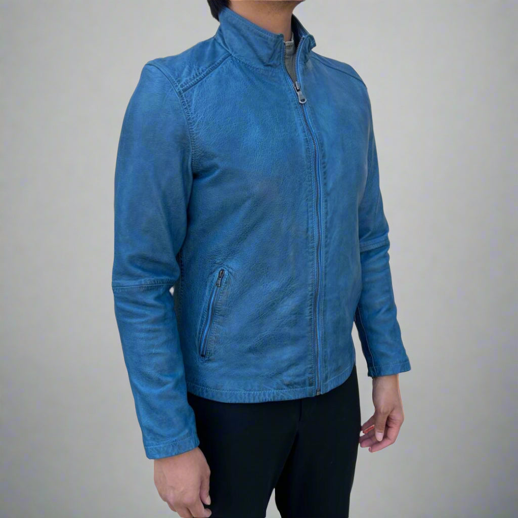 Men’s Sheep Leather Jacket. Classic Stand Collar with 2 Pockets