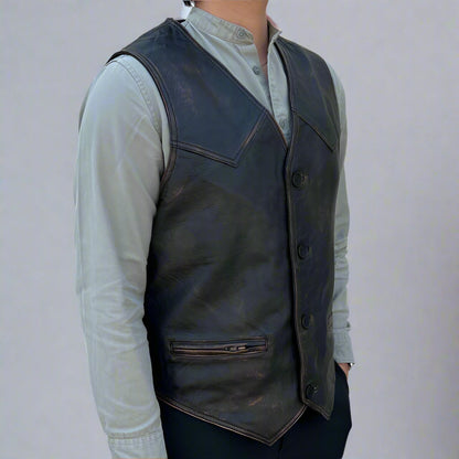 Men's Sheep Leather Ruboff Vest. Classic Button Closure & Front Pockets