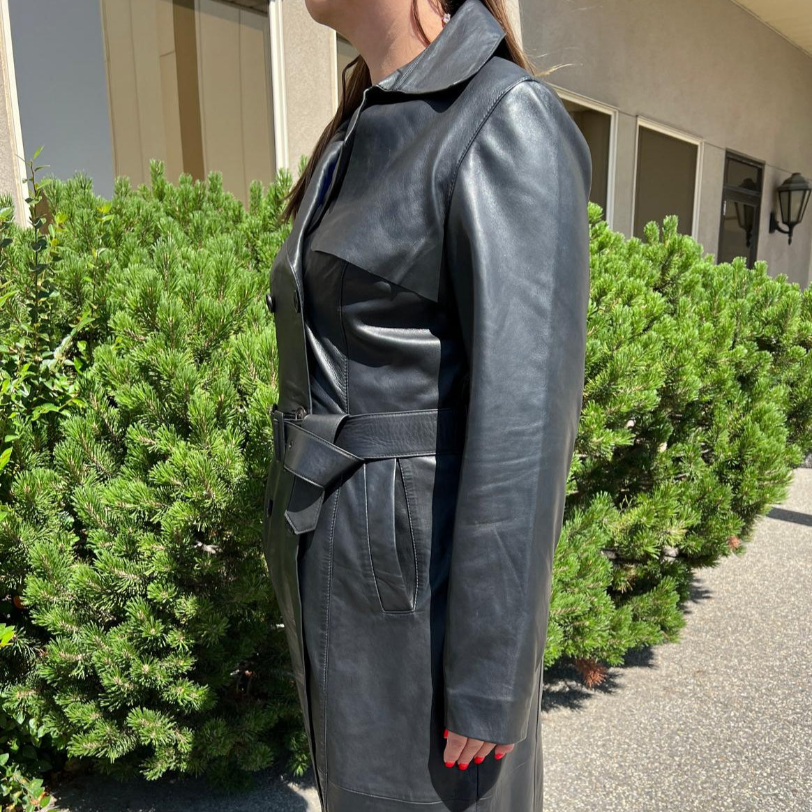 Women's Classic Leather Trench Coat. Double-Breasted Button Closure with Adjustable Belt