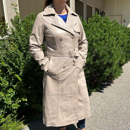 Women's Classic Leather Trench Coat. Double-Breasted Button Closure with Adjustable Belt