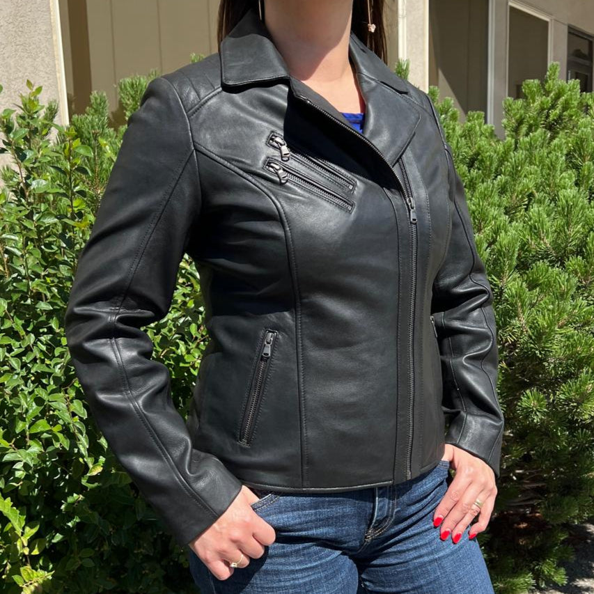 Women's Lamb Leather Biker Look Jacket with Asymmetrical Collar and Stitched Shoulders
