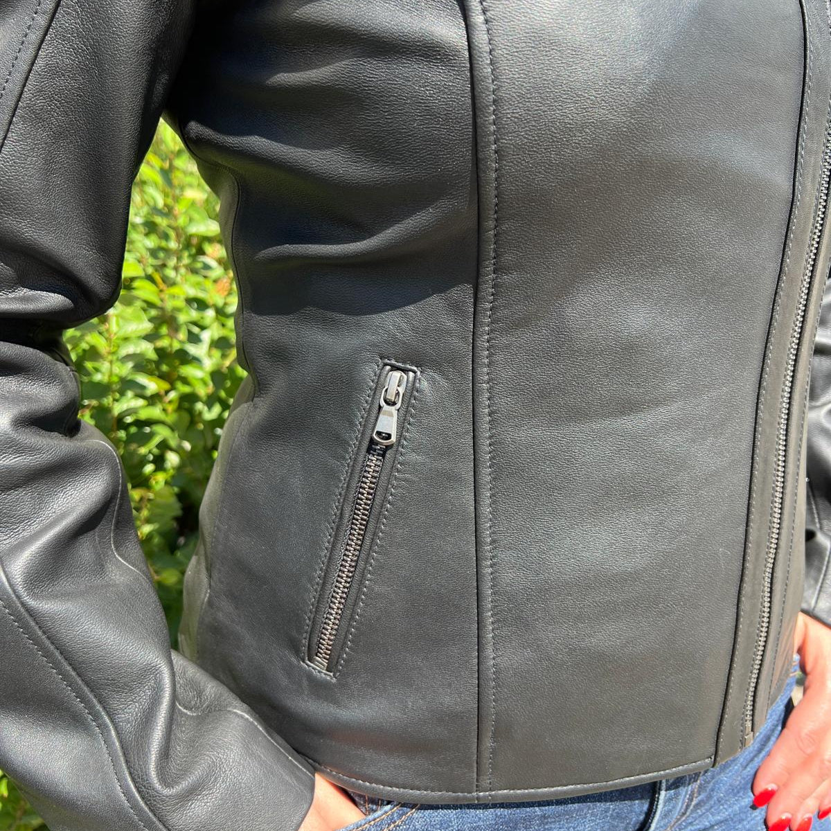Women's Lamb Leather Biker Look Jacket with Asymmetrical Collar and Stitched Shoulders