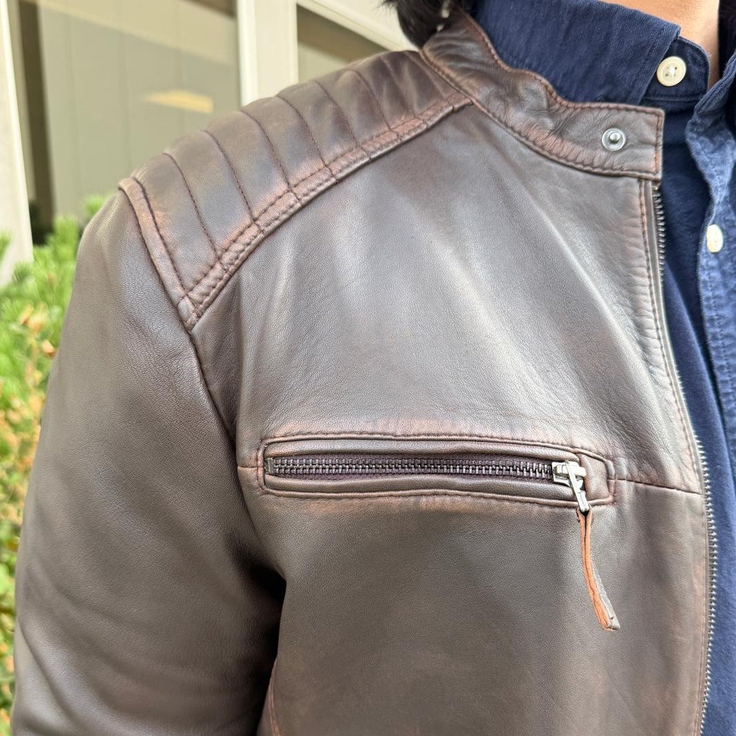 Men's Lamb Leather Jacket. Brown Vintage Style with Zip Pockets